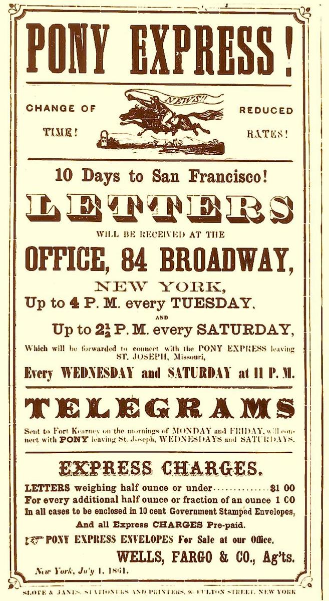 Старинный плакат Pony Express 1861 года с объявлением о быстрой доставке почты в Сан-Франциско